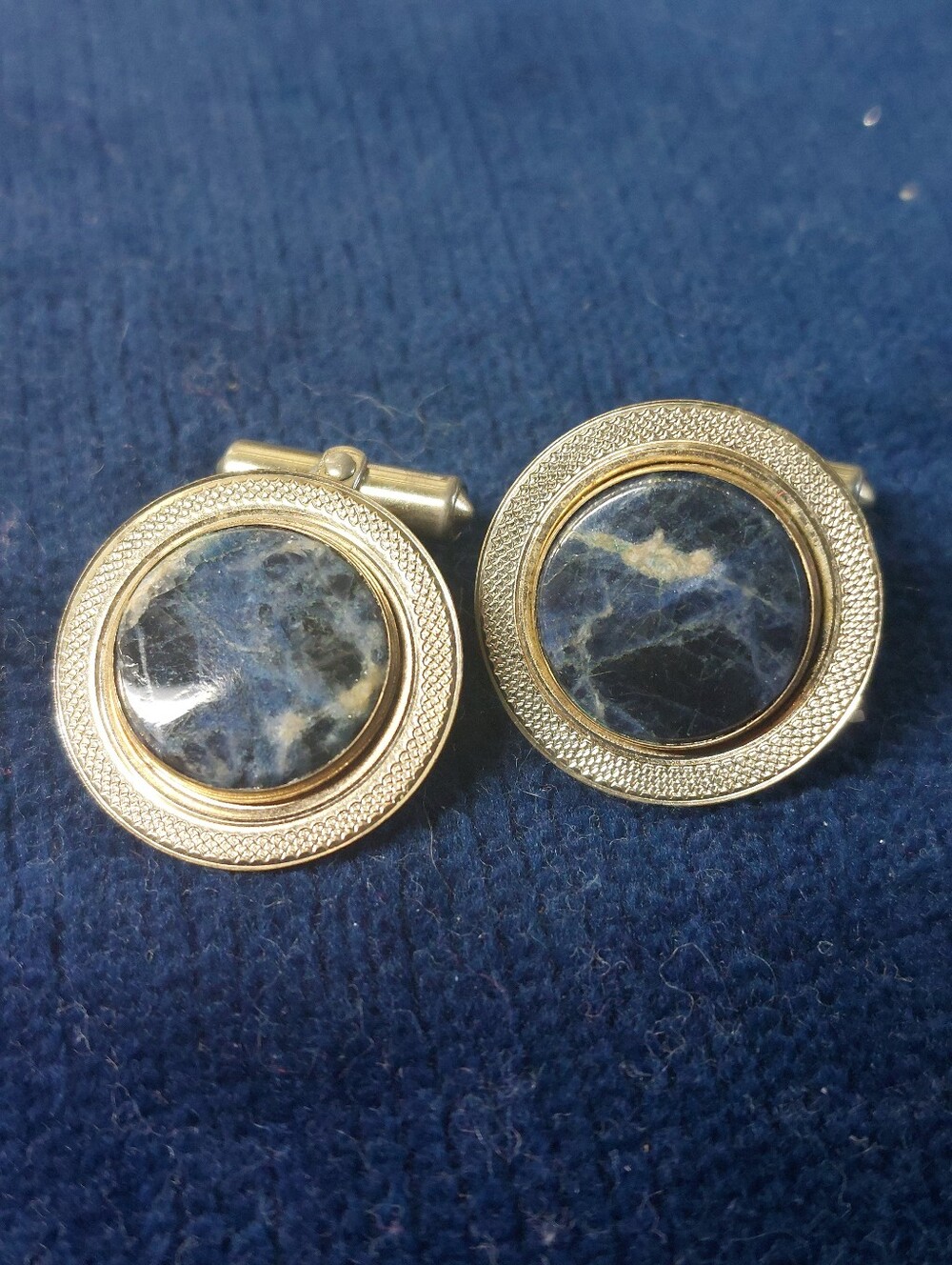 Vintage Destino Sodalite Blue Stone Gold Tone Cufflinks Mid Century Anson Lever